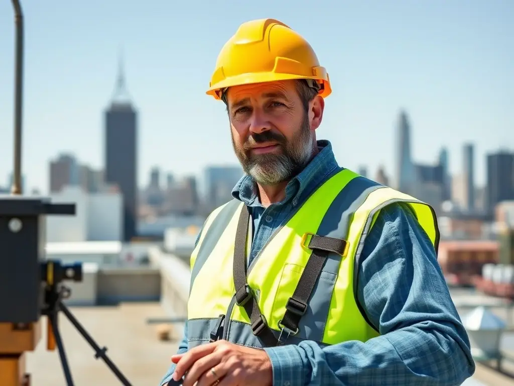 A photo of Michael Beaumont, the director, personally overseeing a fall protection installation project on a commercial rooftop.