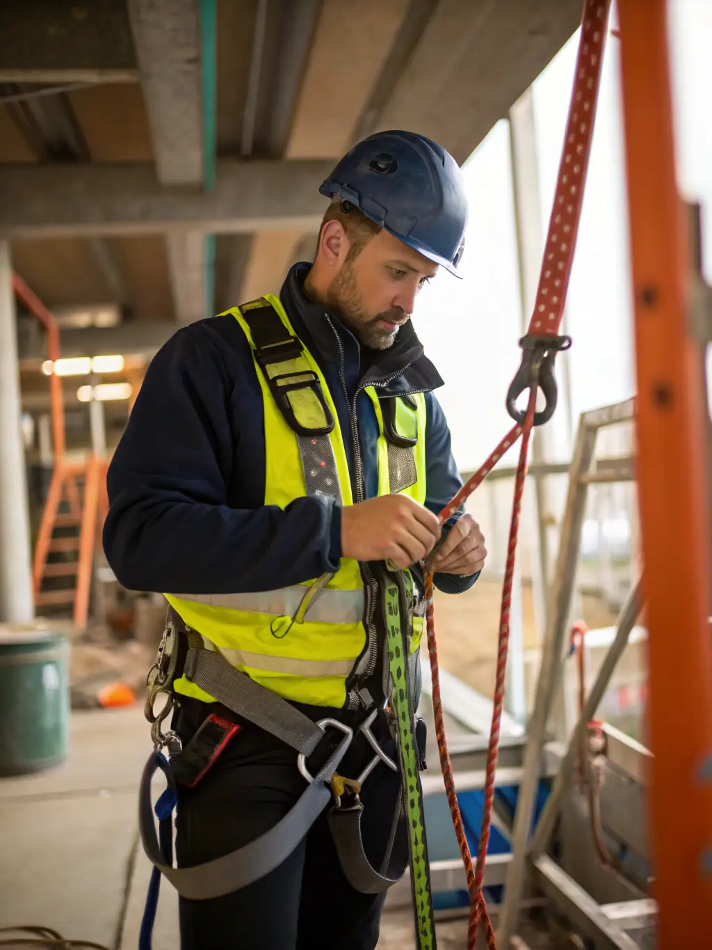 A technician meticulously inspecting a safety harness, checking for wear and tear, with a checklist and tools nearby.