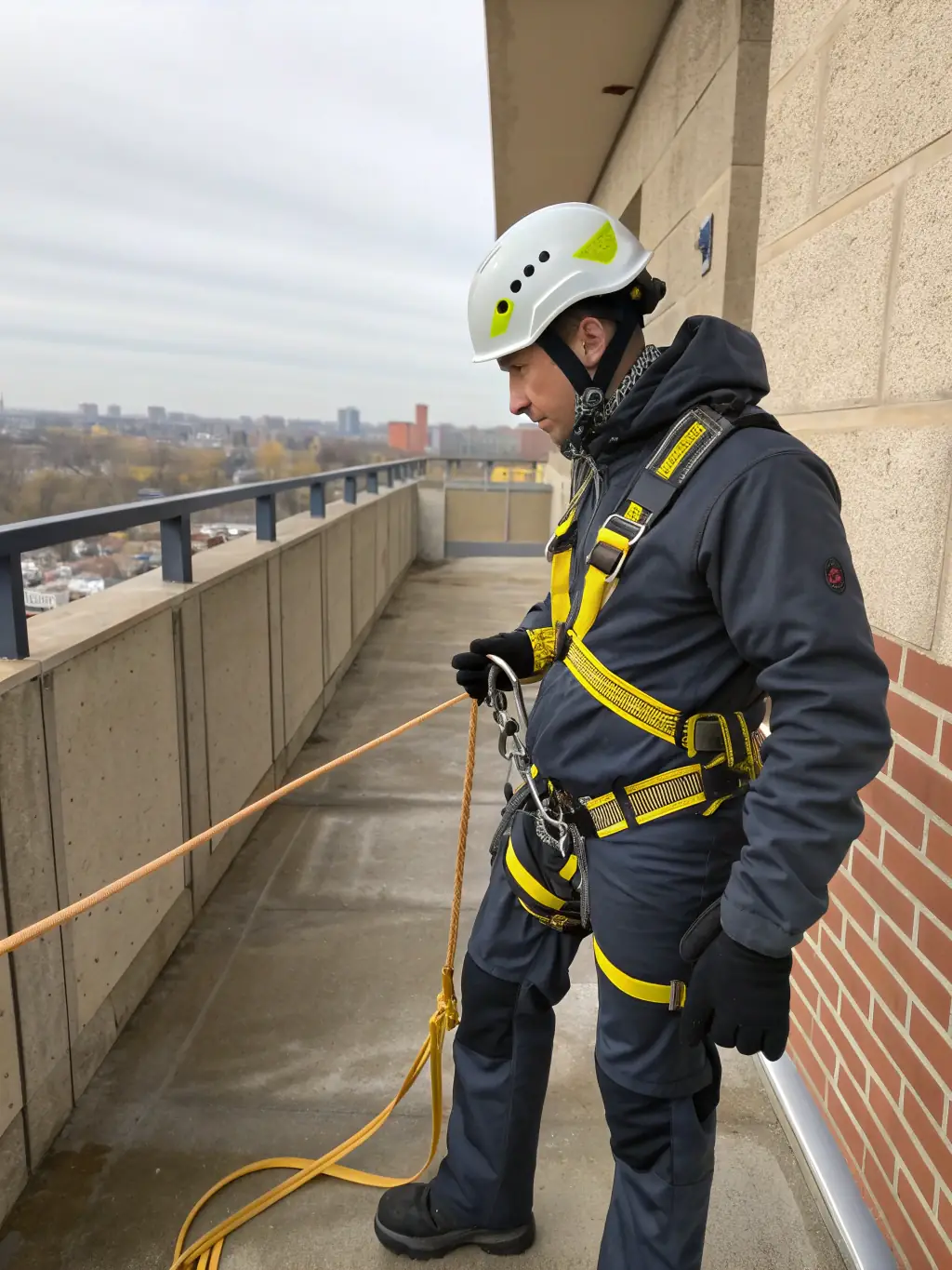 A technician in full IRATA gear rappelling down the side of a modern glass building, performing maintenance work. The focus is on safety and precision.