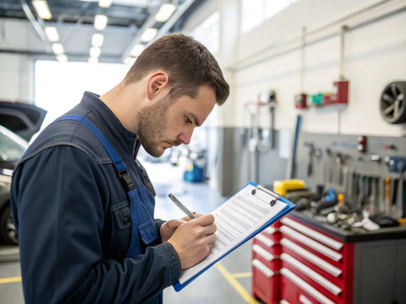 A close-up shot of a technician inspecting a safety harness, checking for wear and tear, with a checklist and inspection tools in the background, highlighting the thoroughness of the inspection process.