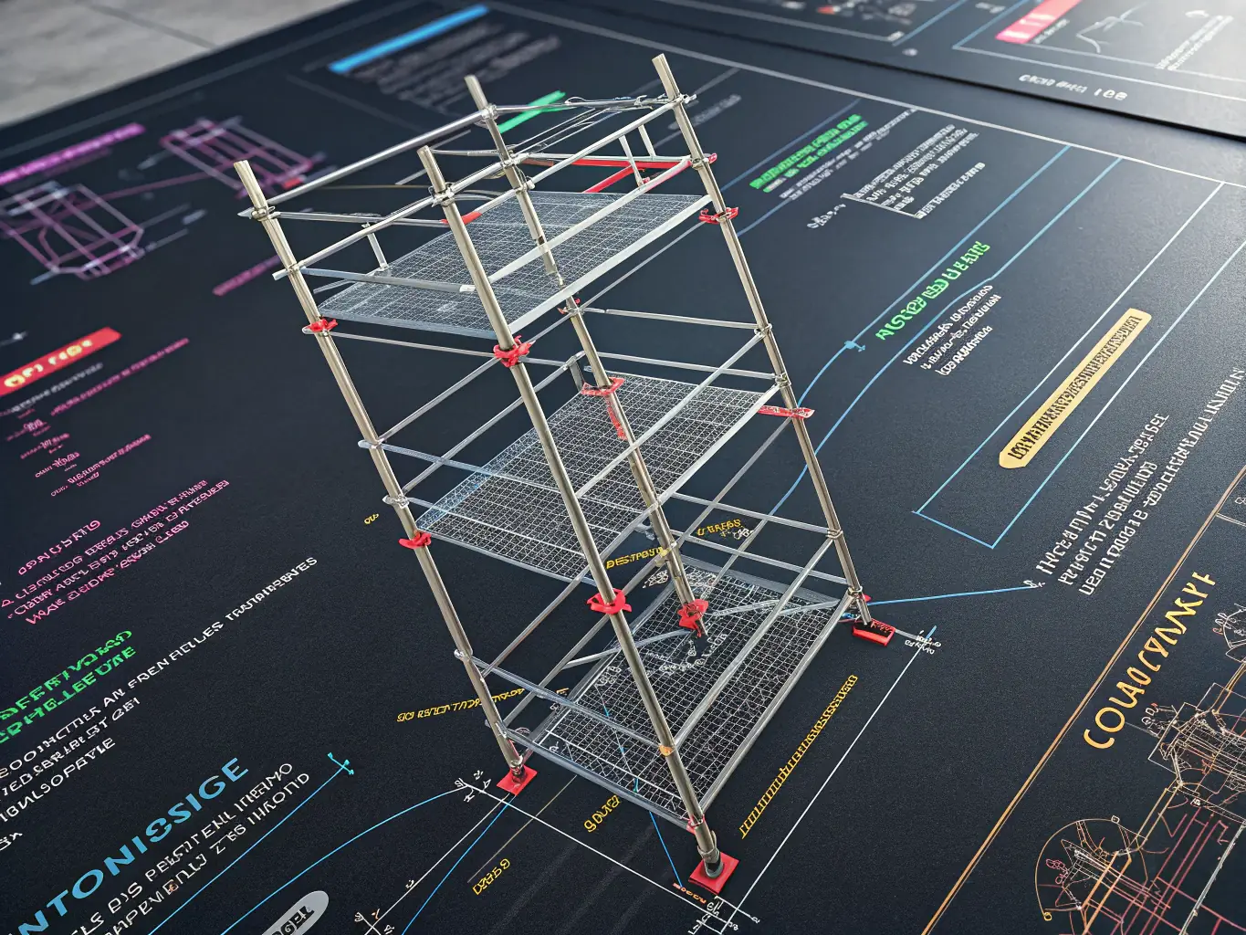 A digital illustration depicting a blueprint of a fall protection system design, showcasing various components like lifelines, anchor points, and safety harnesses, set against a backdrop of a modern building under construction.