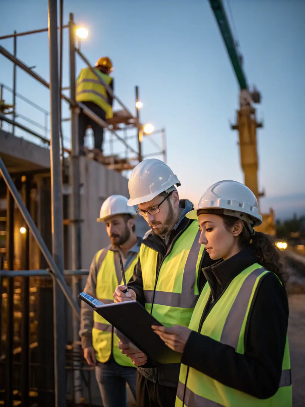 A wide shot of a construction site where workers are using MEWP to reach high places, while some workers are using traditional ladders.