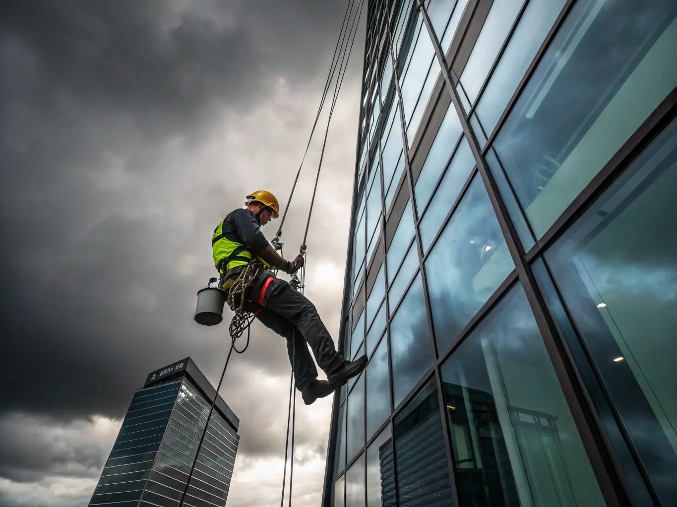 A photo showcasing a technician performing a rope access inspection on a building facade, highlighting the speed and minimal disruption of the service.