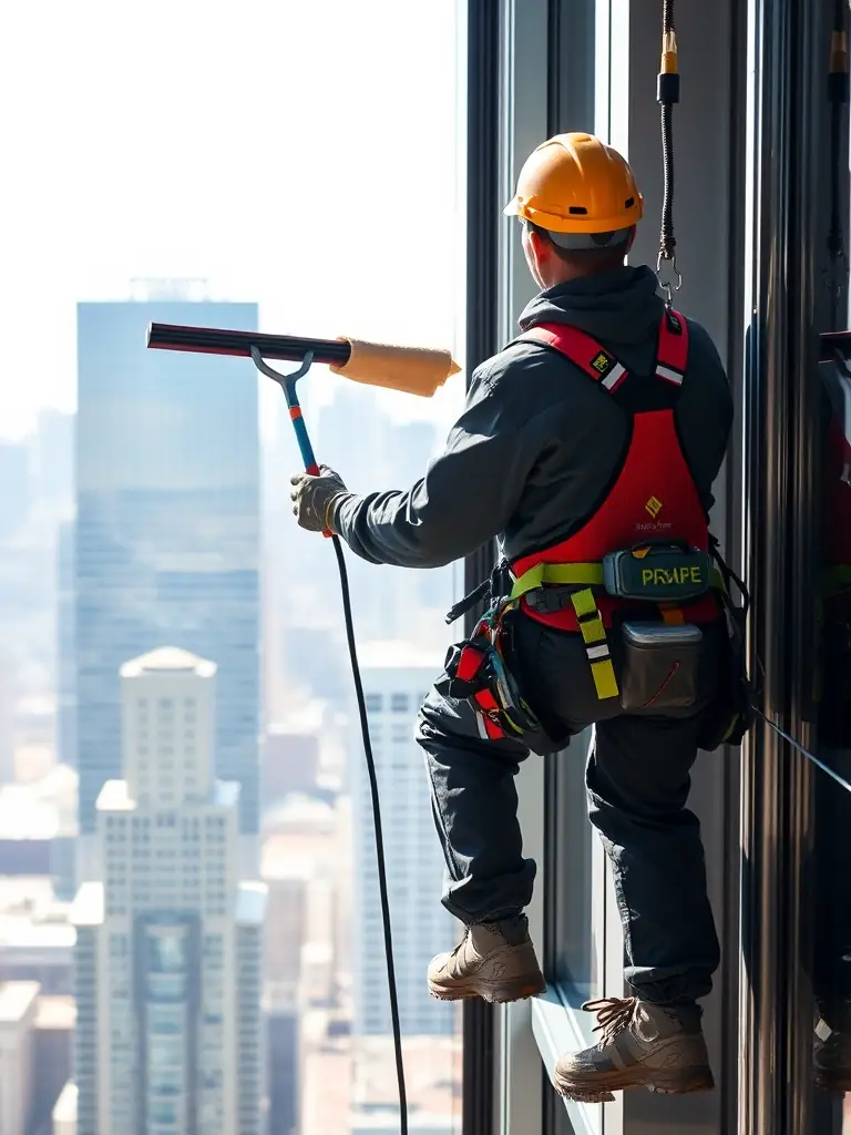 A picture of a MEWP (Mobile Elevating Work Platform) being used to access a building facade, alongside technicians using traditional ladder access, demonstrating versatility in access methods.