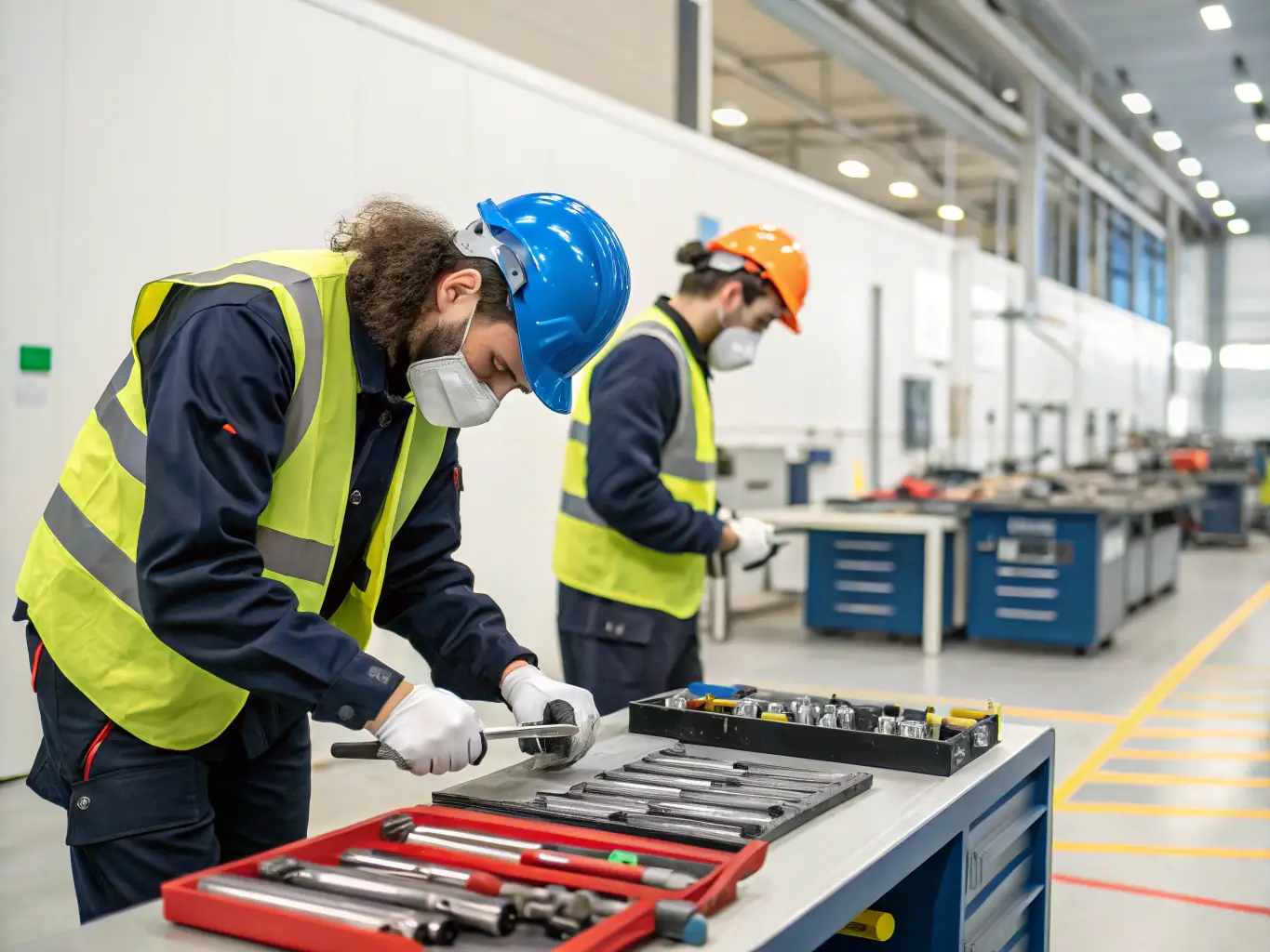 A photo illustrating a range of PPE equipment being inspected and certified in a well-organized workshop setting.