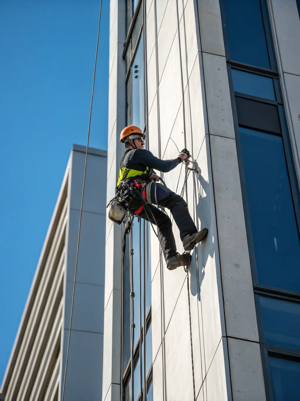 A photograph showcasing an IRATA-certified technician performing a complex inspection on a high-rise building using rope access techniques. The image should highlight the safety equipment and the challenging environment.