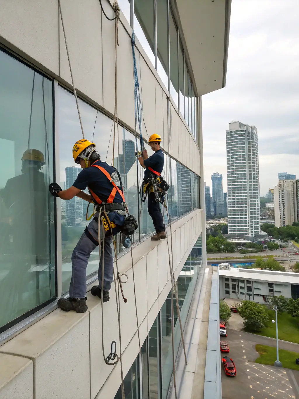 An image depicting the installation of a lifeline system on a rooftop, showcasing the design and implementation of fall protection measures.