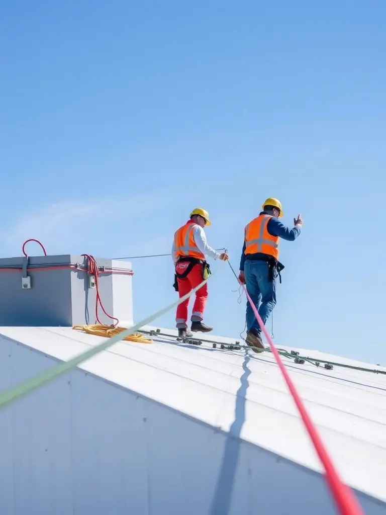 A close-up shot of a newly installed lifeline system on a commercial rooftop, highlighting the secure and reliable fall protection.